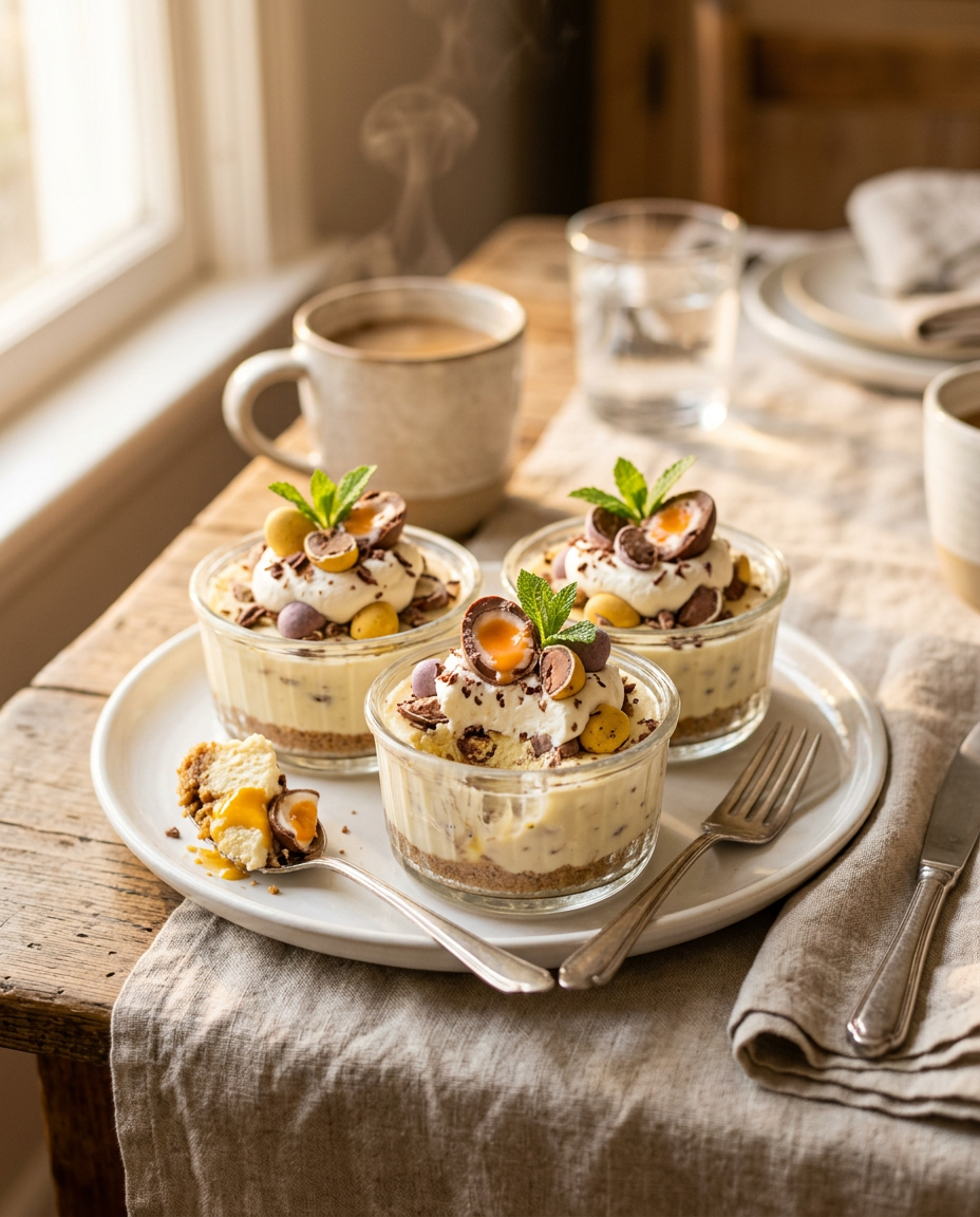 Cadbury Egg Cheesecake Cups Recipe No Bake Easter Dessert served on a plate ready to eat