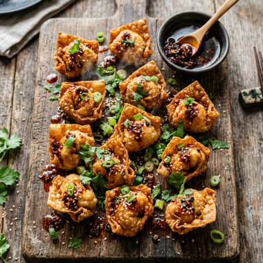 Crispy golden chicken wontons drizzled with spicy chili oil on wooden serving board with fresh herb garnish
