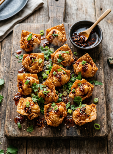 Crispy golden chicken wontons drizzled with spicy chili oil on wooden serving board with fresh herb garnish