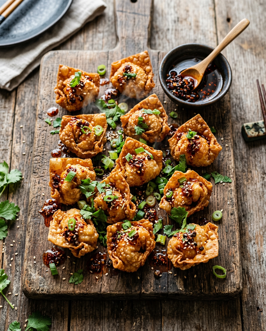 Crispy golden chicken wontons drizzled with spicy chili oil on wooden serving board with fresh herb garnish