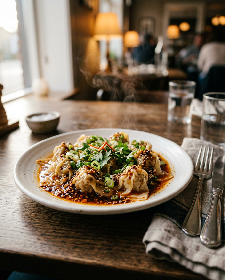 Chicken Wontons in Spicy Chili Sauce served on a plate ready to eat