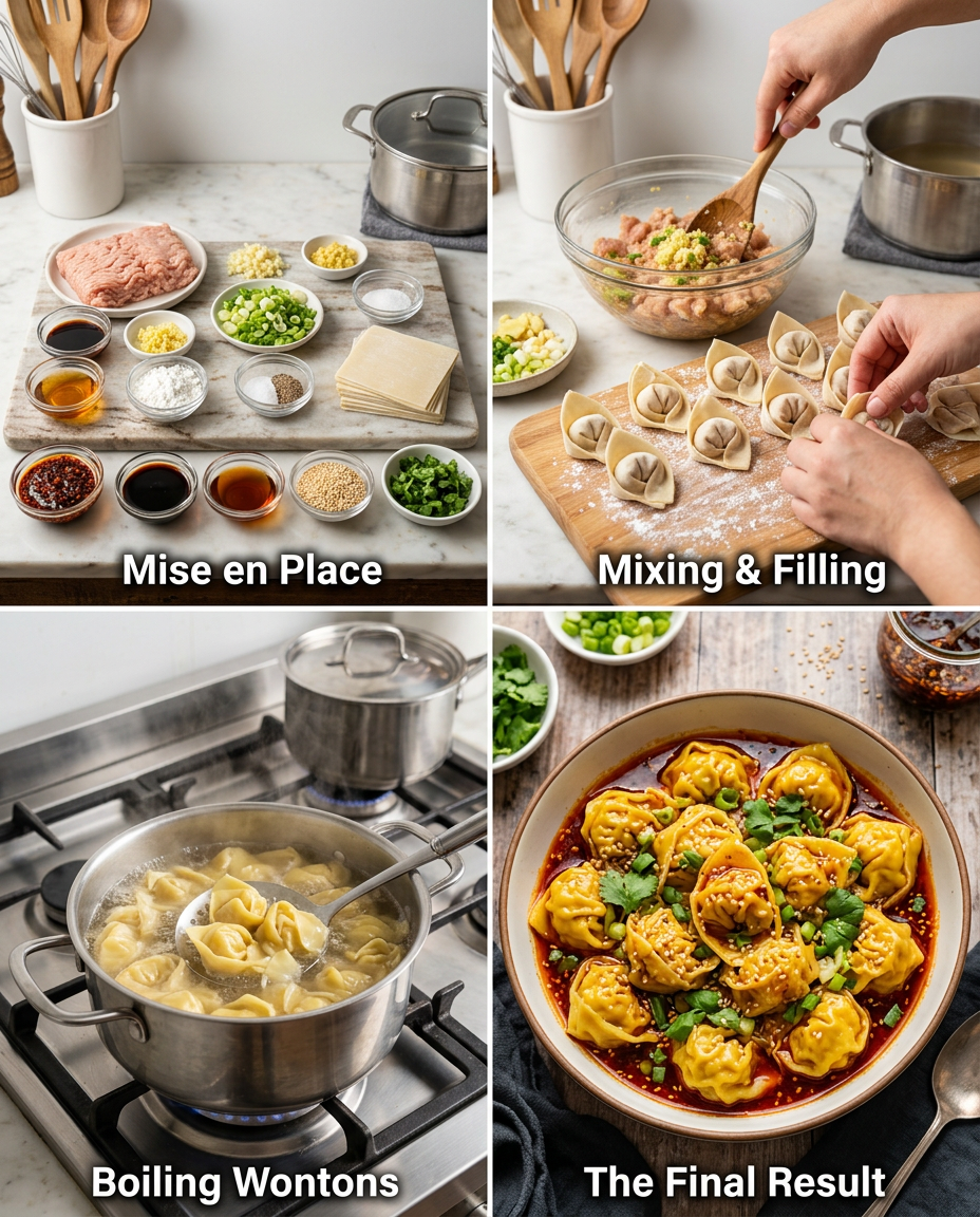 Step by step process for making Chicken Wontons in Spicy Chili Sauce