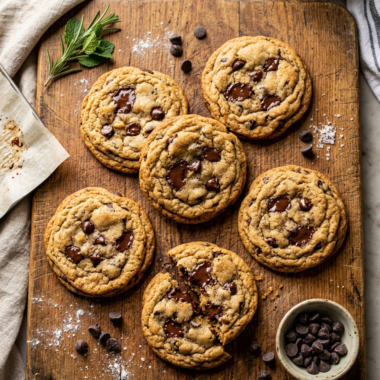 Golden brown chocolate chip cookies with crispy edges and soft centers on wooden board
