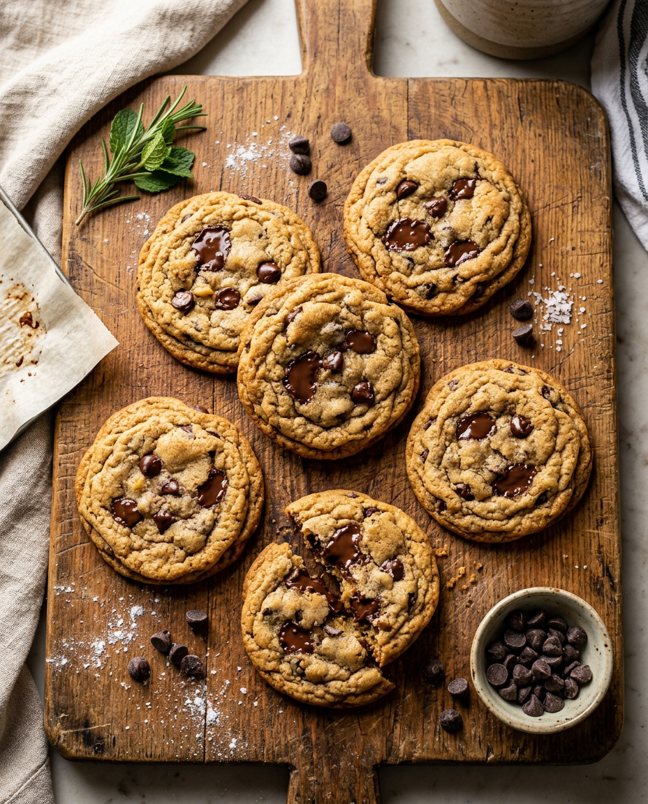 Golden brown chocolate chip cookies with crispy edges and soft centers on wooden board