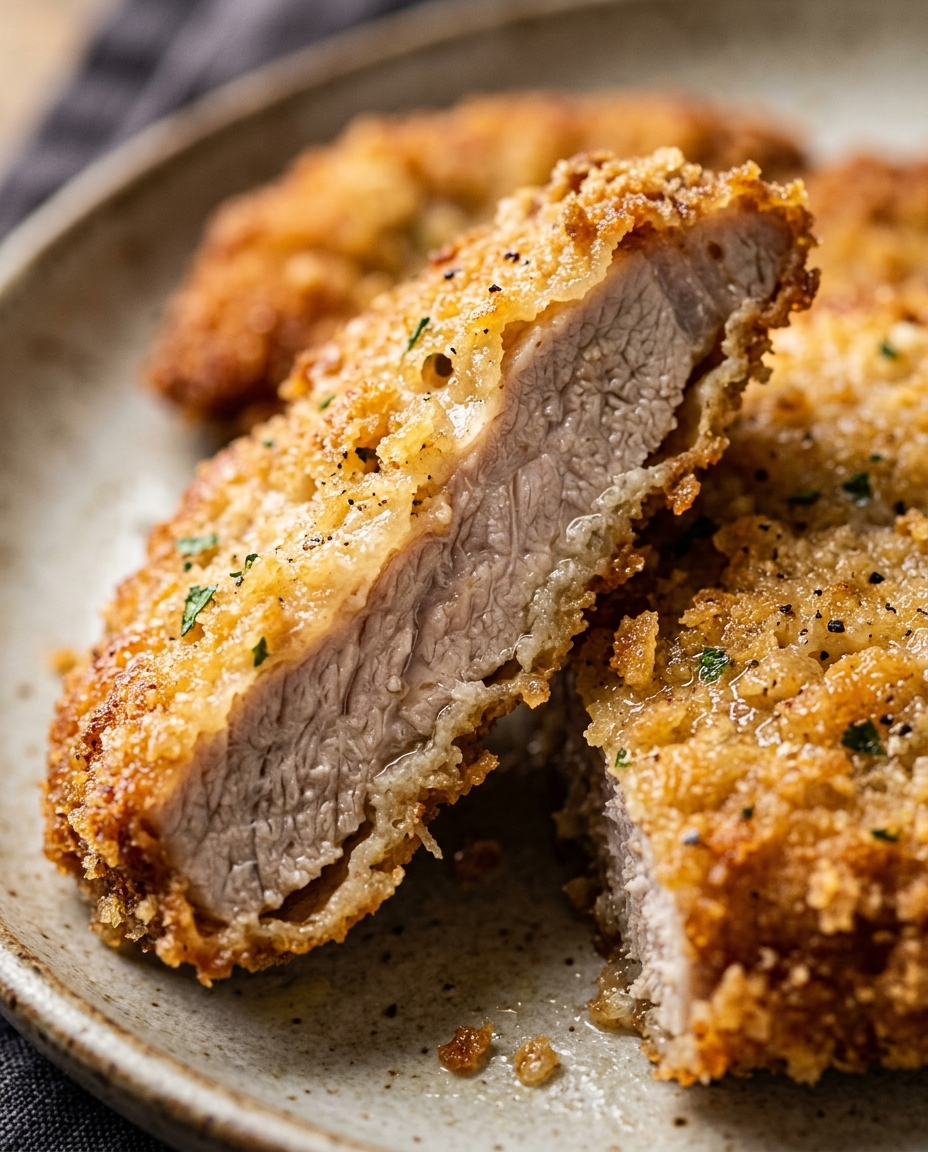 Close-up showing the texture and inside of Classic French Pork Schnitzel Recipe - Crispy Pan Fried Cutlets