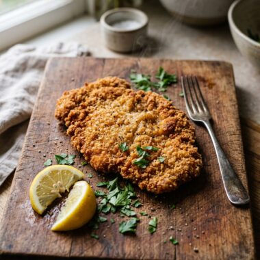 Golden crispy pork schnitzel recipe with perfect breaded coating on rustic wooden board