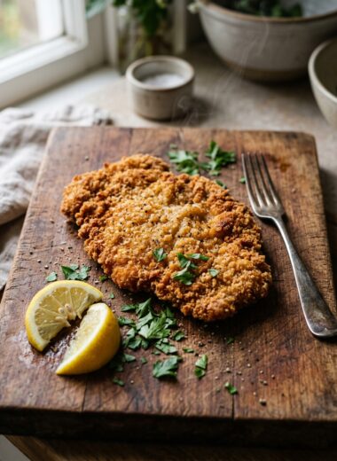Golden crispy pork schnitzel recipe with perfect breaded coating on rustic wooden board