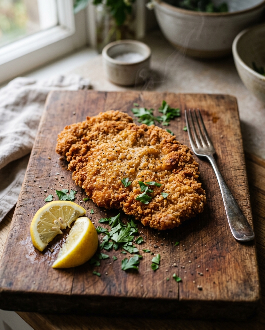 Golden crispy pork schnitzel recipe with perfect breaded coating on rustic wooden board