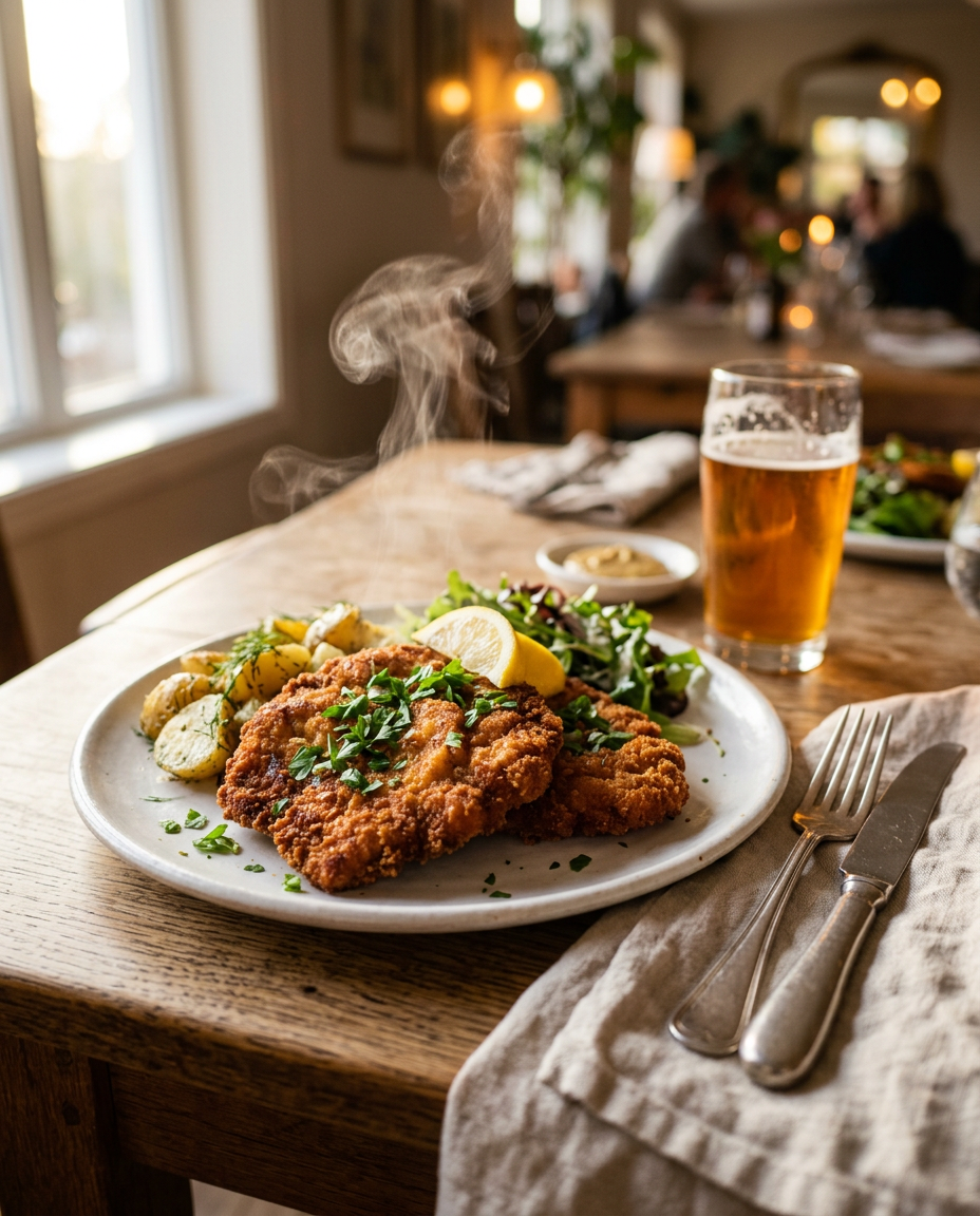 Classic French Pork Schnitzel Recipe - Crispy Pan Fried Cutlets served on a plate ready to eat
