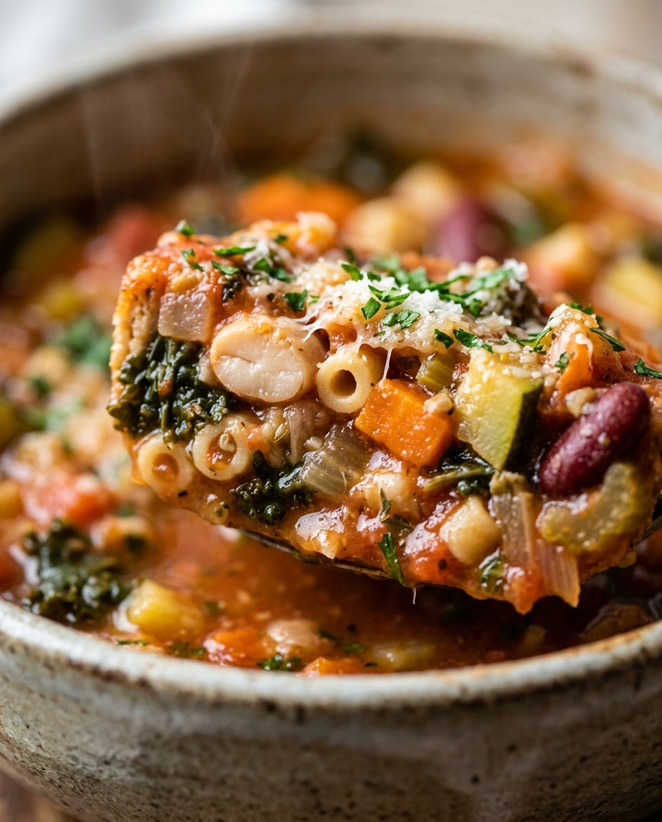 Close-up showing the texture and inside of Classic Minestrone Soup Recipe - Hearty Italian Vegetable Soup