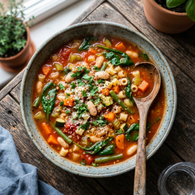 Classic Italian minestrone soup recipe in rustic bowl with vegetables, beans and pasta in rich tomato broth