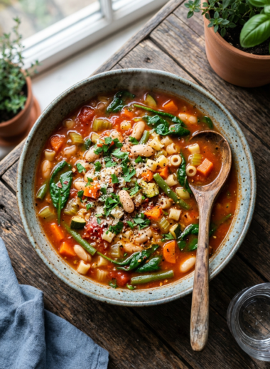 Classic Italian minestrone soup recipe in rustic bowl with vegetables, beans and pasta in rich tomato broth