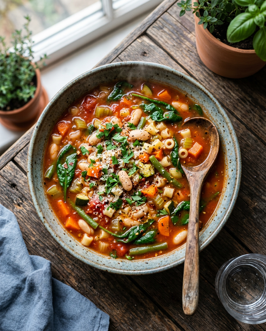 Classic Italian minestrone soup recipe in rustic bowl with vegetables, beans and pasta in rich tomato broth