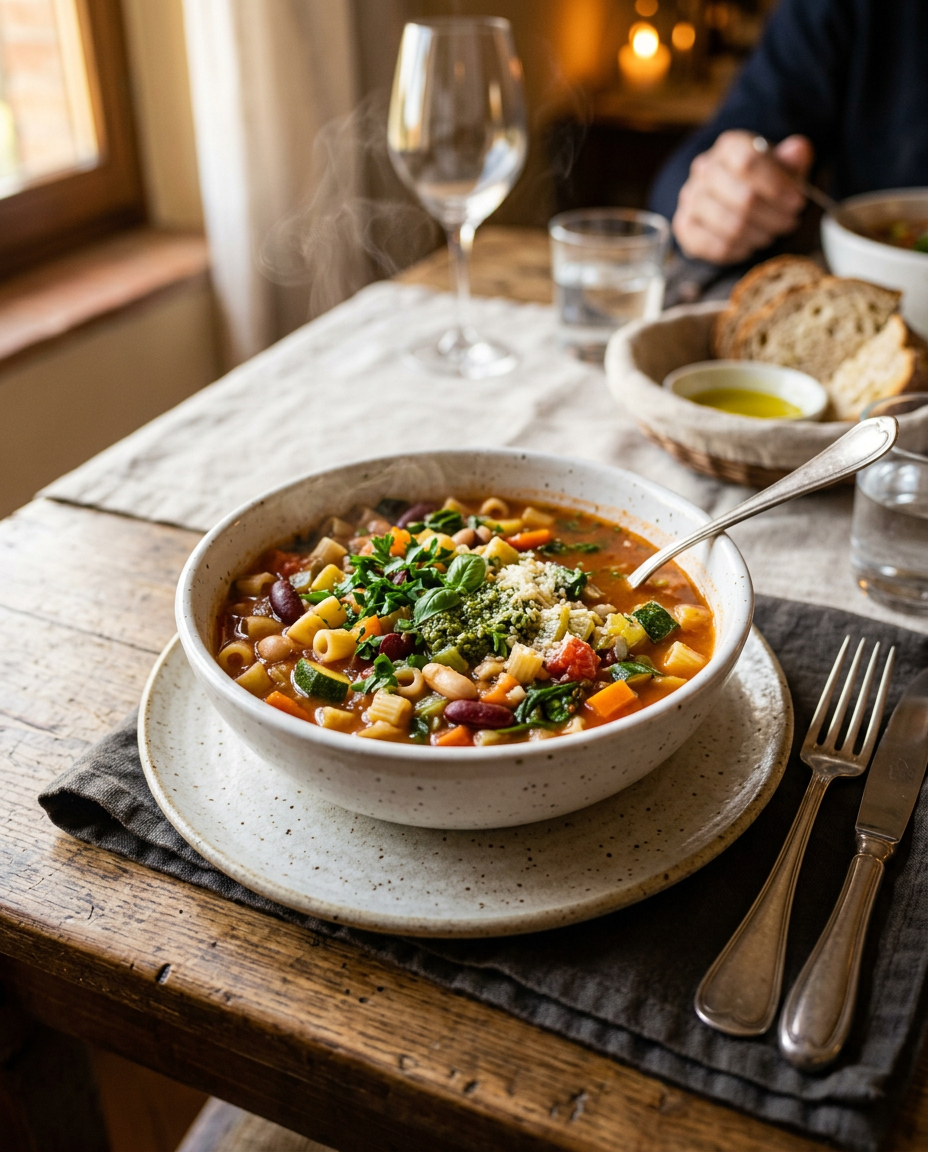 Classic Minestrone Soup Recipe - Hearty Italian Vegetable Soup served on a plate ready to eat