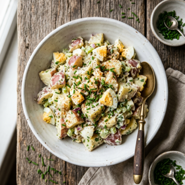 Classic potato salad recipe with creamy dressing, hard-boiled eggs and fresh herbs in white bowl