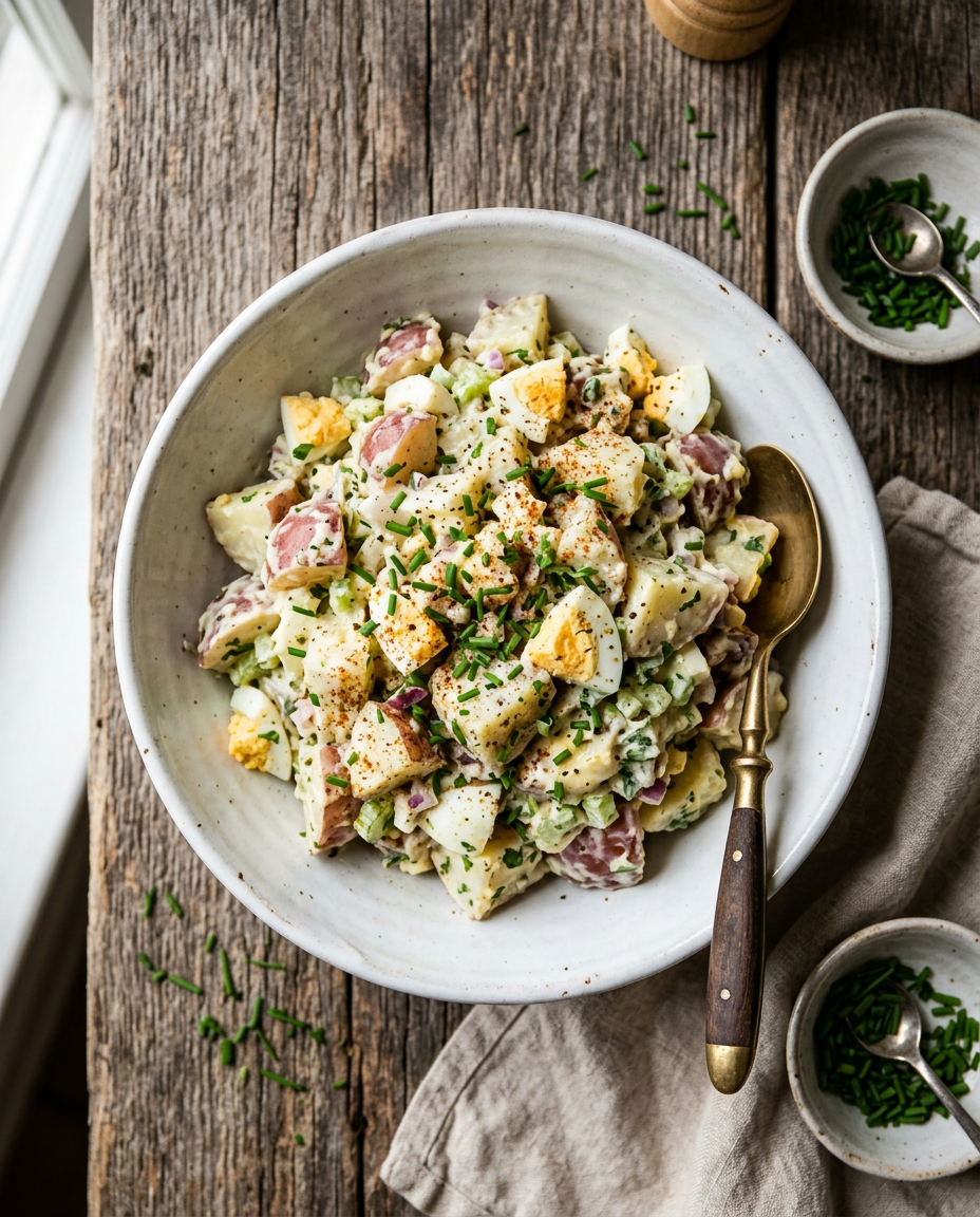 Classic potato salad recipe with creamy dressing, hard-boiled eggs and fresh herbs in white bowl