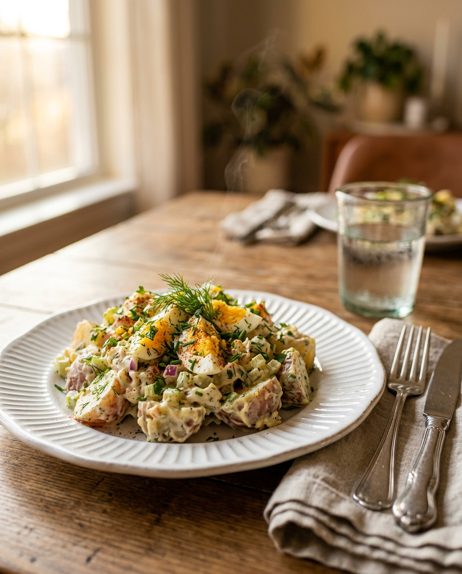 Classic Potato Salad Recipe served on a plate ready to eat