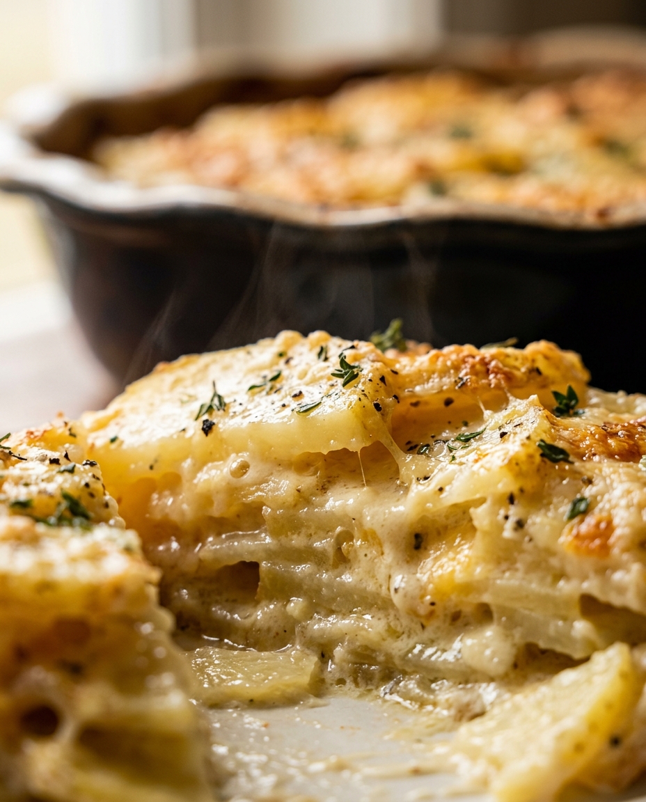 Close-up showing the texture and inside of Classic Scalloped Potatoes Recipe