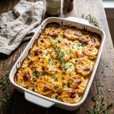 Golden bubbling scalloped potatoes recipe in baking dish with melted cheese top