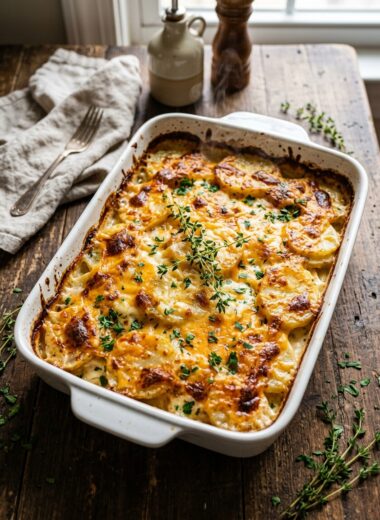 Golden bubbling scalloped potatoes recipe in baking dish with melted cheese top