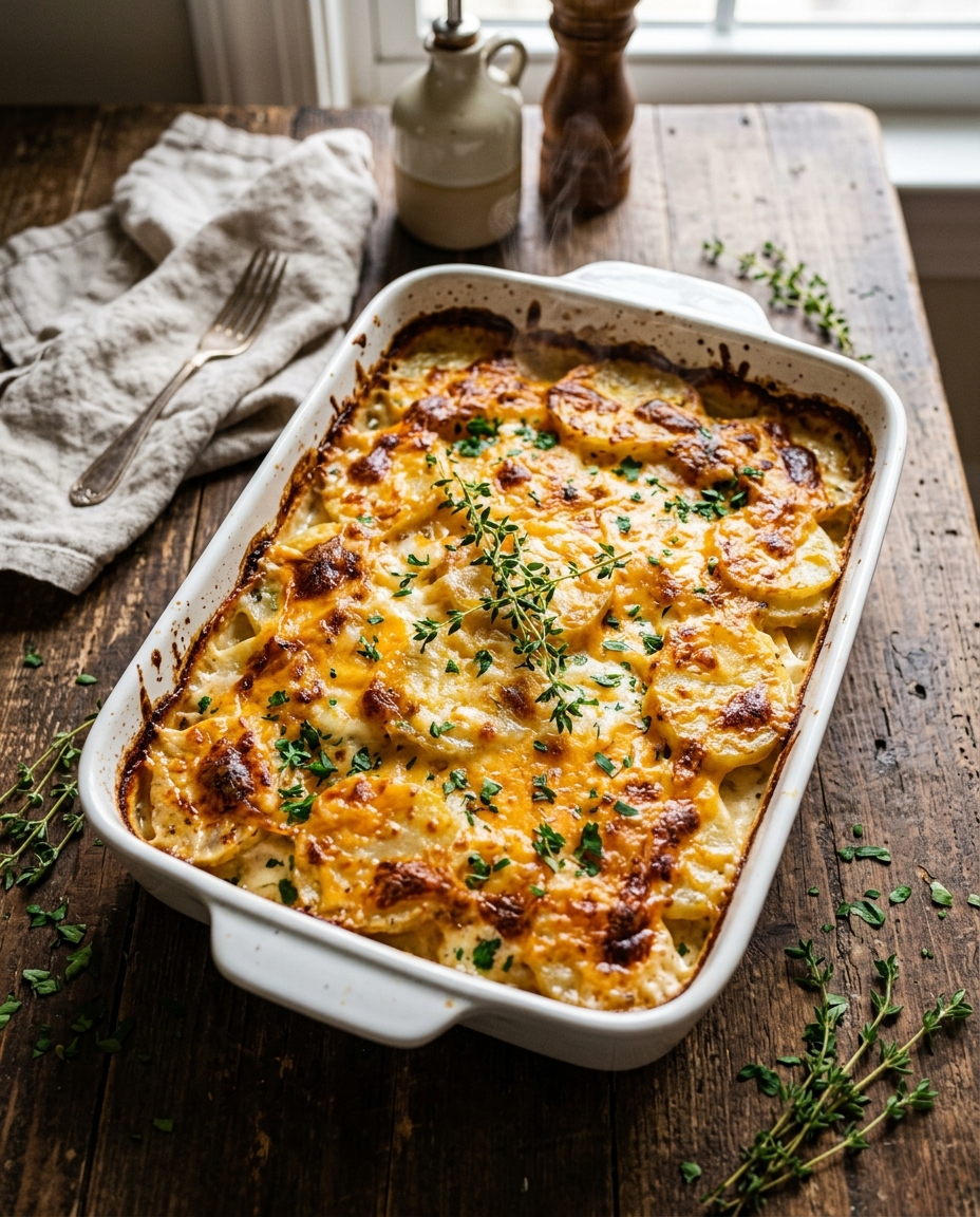 Golden bubbling scalloped potatoes recipe in baking dish with melted cheese top