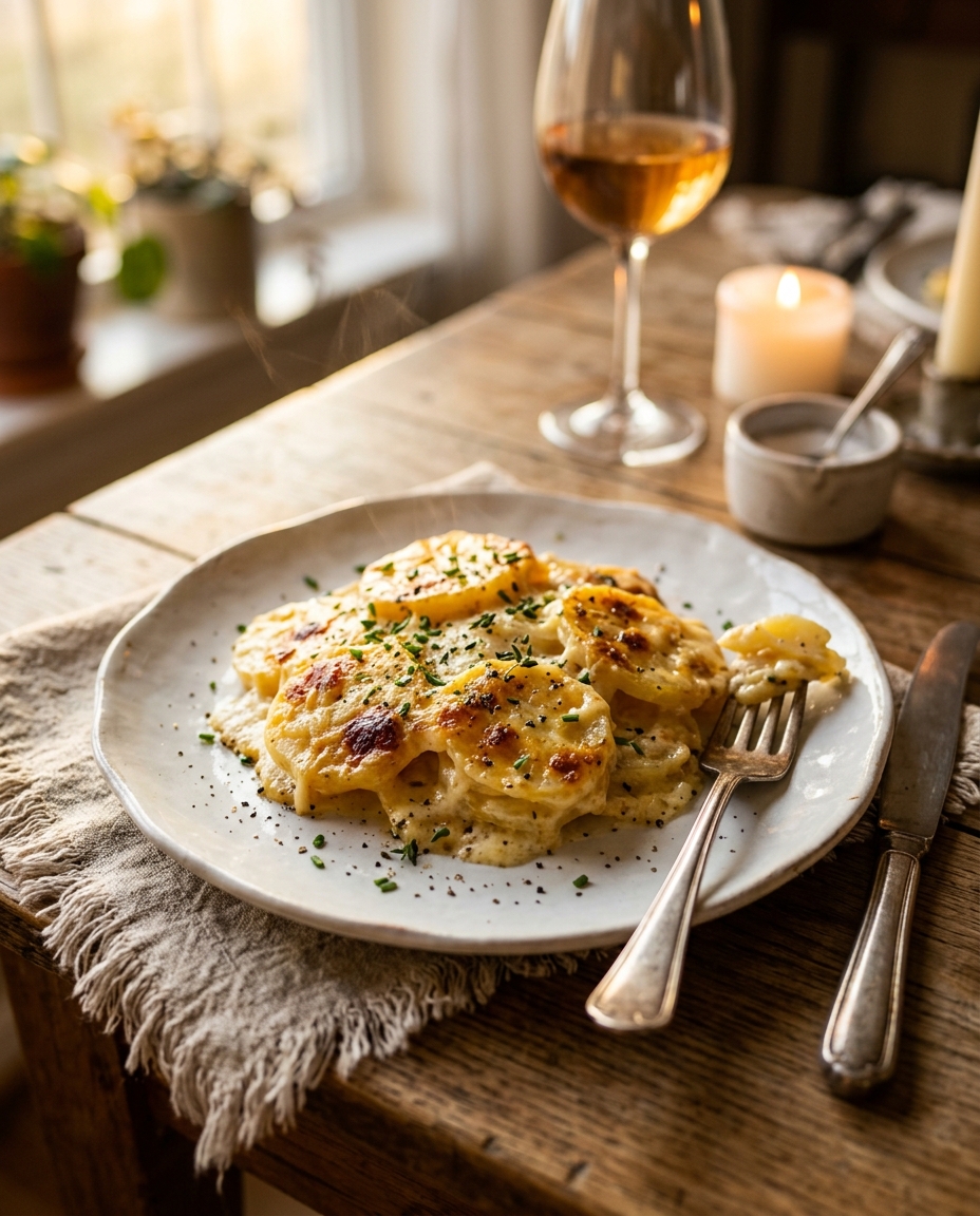 Classic Scalloped Potatoes Recipe served on a plate ready to eat