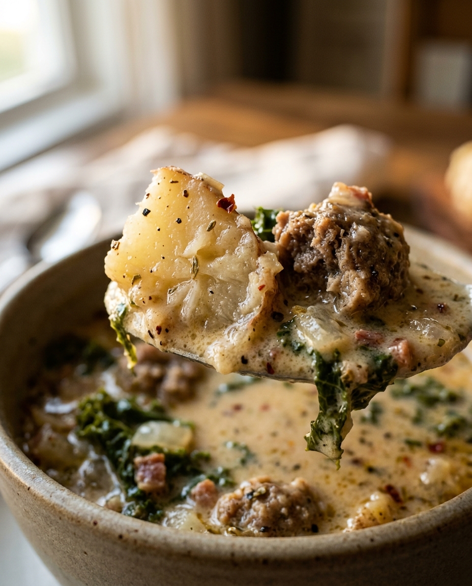 Close-up showing the texture and inside of Easy Copycat Olive Garden Zuppa Toscana Soup Recipe
