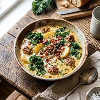 Creamy copycat Olive Garden Zuppa Toscana soup with Italian sausage, potatoes and kale in rustic bowl