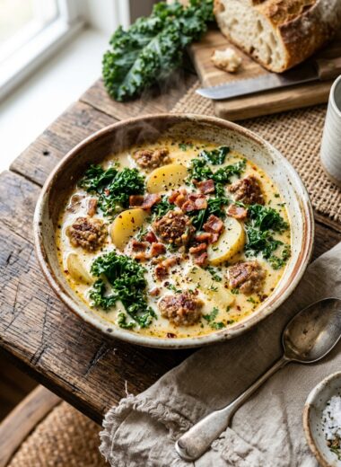 Creamy copycat Olive Garden Zuppa Toscana soup with Italian sausage, potatoes and kale in rustic bowl