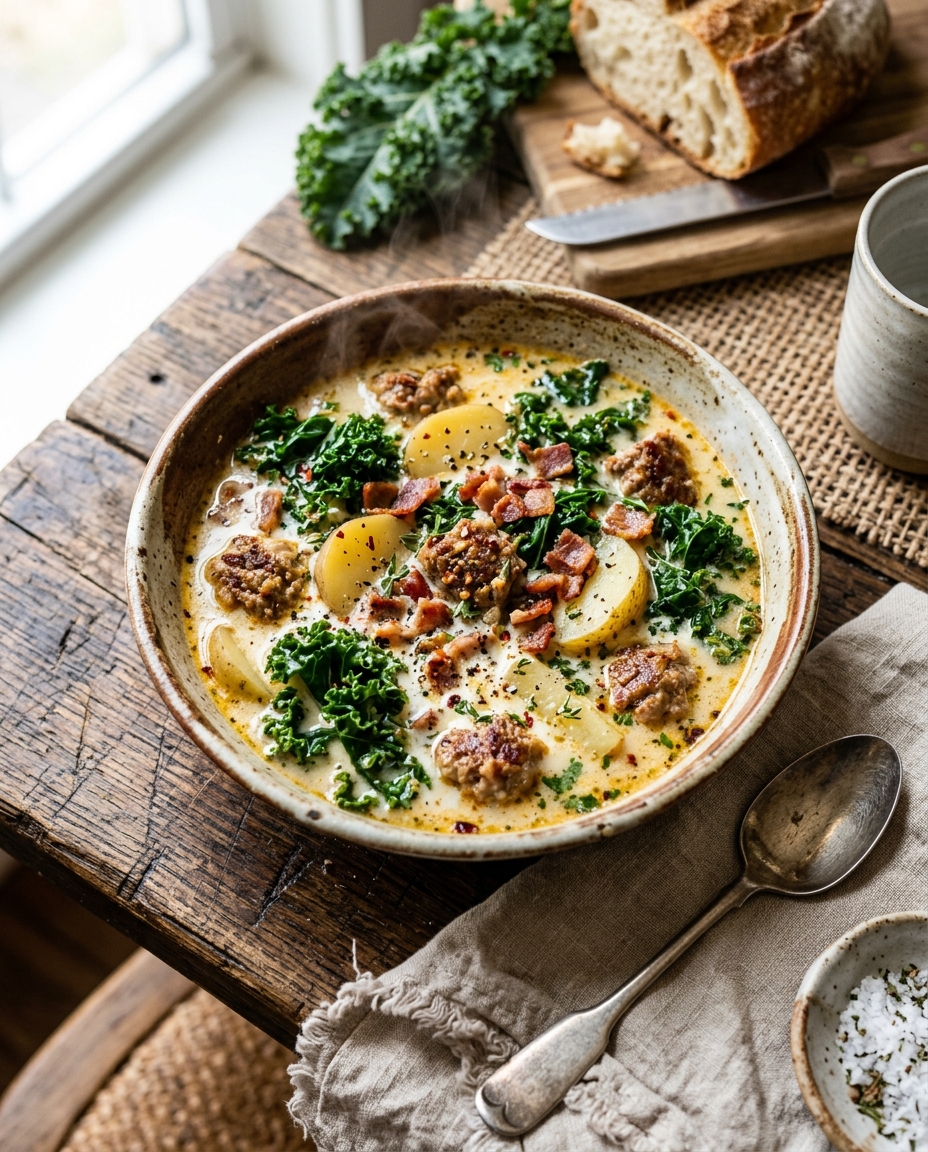 Creamy copycat Olive Garden Zuppa Toscana soup with Italian sausage, potatoes and kale in rustic bowl