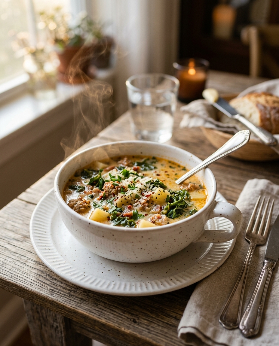 Easy Copycat Olive Garden Zuppa Toscana Soup Recipe served on a plate ready to eat