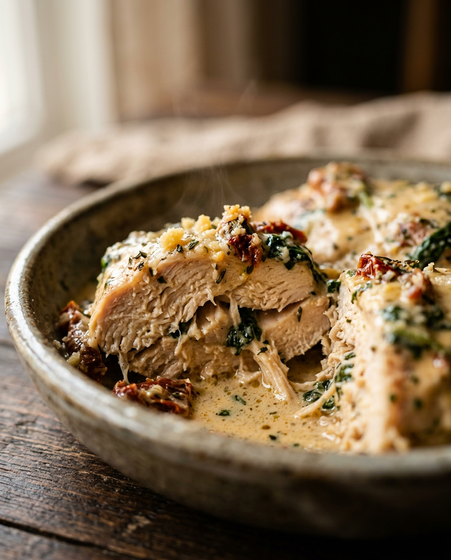 Close-up showing the texture and inside of Creamy Tuscan Chicken Recipe