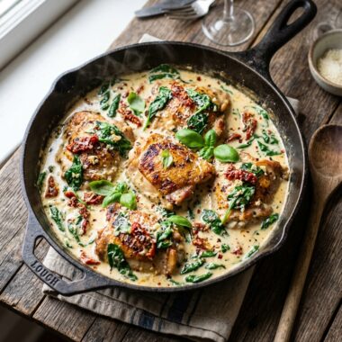 Creamy Tuscan Chicken in cast iron skillet with sun-dried tomatoes and spinach in rich garlic cream sauce