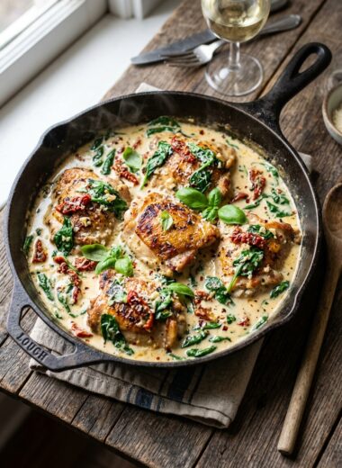 Creamy Tuscan Chicken in cast iron skillet with sun-dried tomatoes and spinach in rich garlic cream sauce