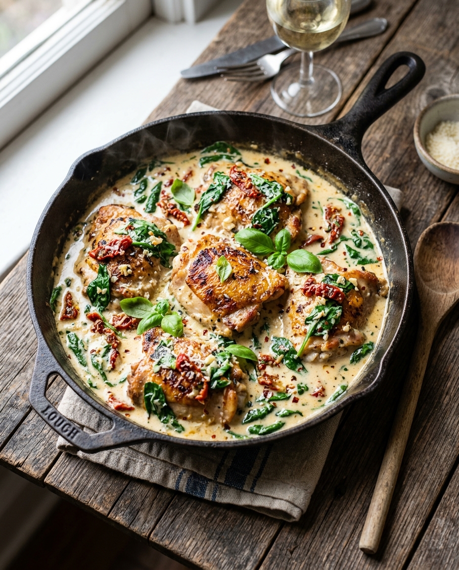 Creamy Tuscan Chicken in cast iron skillet with sun-dried tomatoes and spinach in rich garlic cream sauce