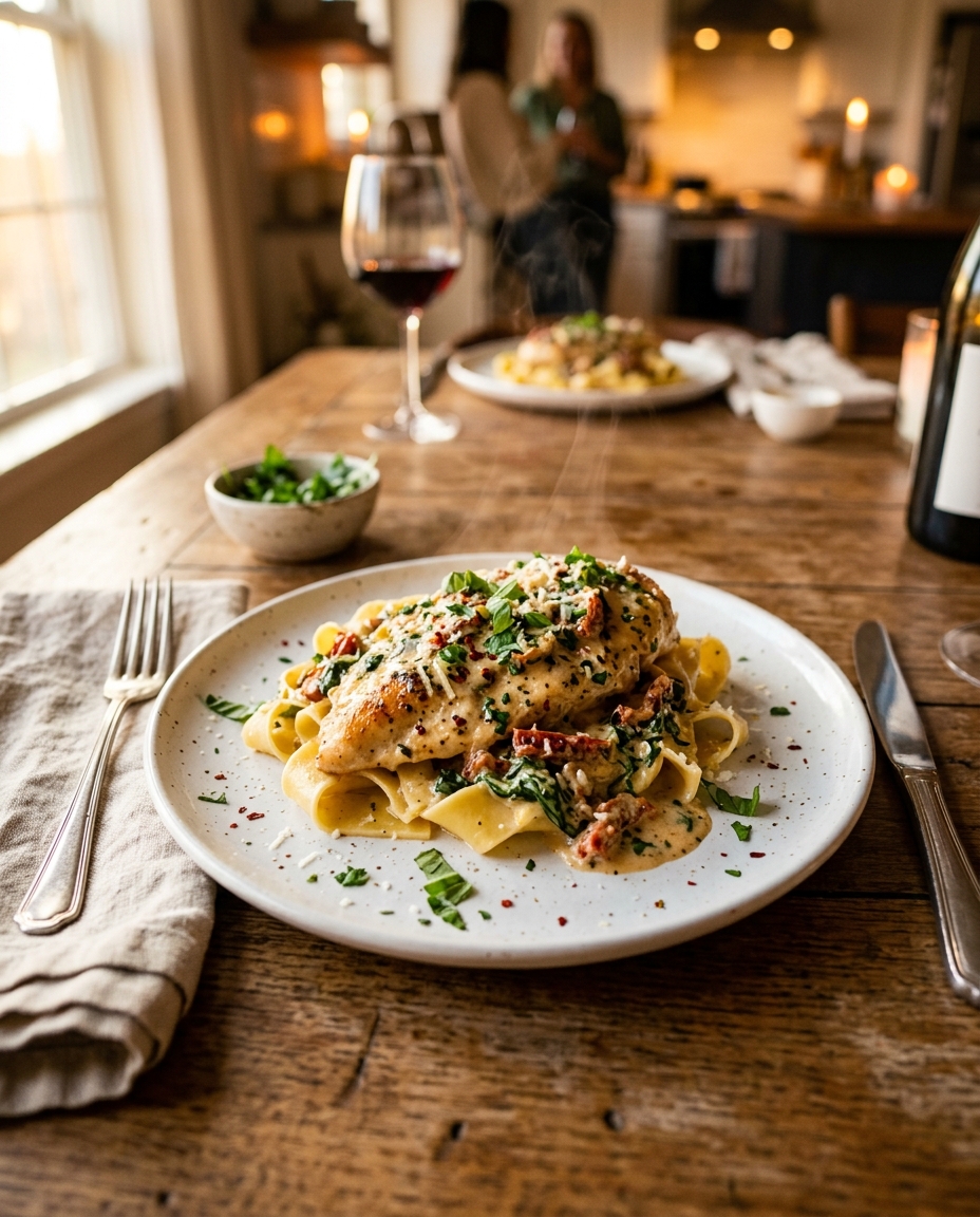 Creamy Tuscan Chicken Recipe served on a plate ready to eat