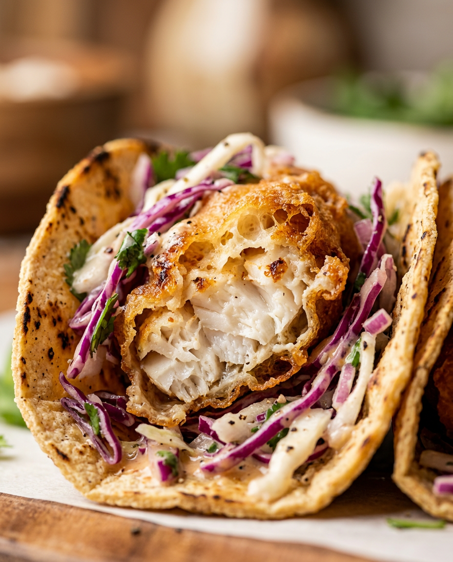 Close-up showing the texture and inside of Crispy Fish Tacos Recipe with Beer Battered Cod and Tangy Cabbage Slaw