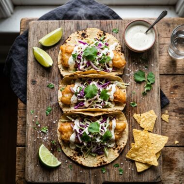Three crispy fish tacos with beer battered fish, cabbage slaw, and creamy sauce on rustic wood