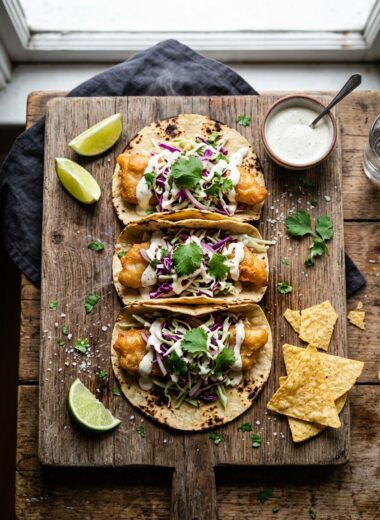 Three crispy fish tacos with beer battered fish, cabbage slaw, and creamy sauce on rustic wood