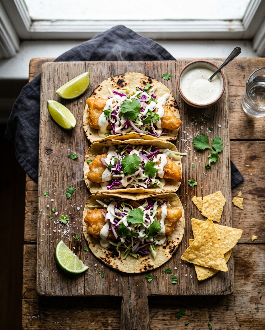 Three crispy fish tacos with beer battered fish, cabbage slaw, and creamy sauce on rustic wood