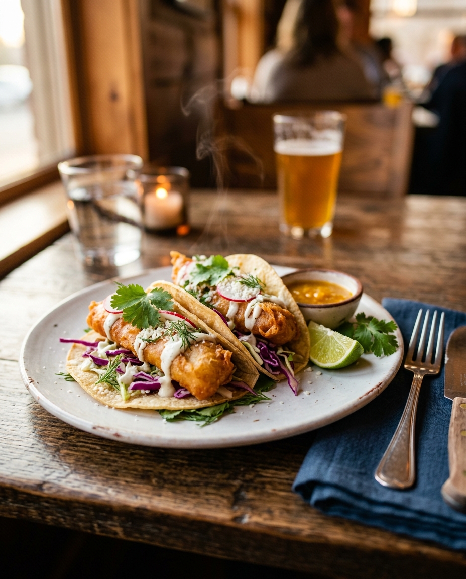 Crispy Fish Tacos Recipe with Beer Battered Cod and Tangy Cabbage Slaw served on a plate ready to eat