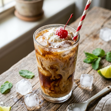 Creamy dirty soda recipe with marbled cream swirls in tall glass with whipped cream topping