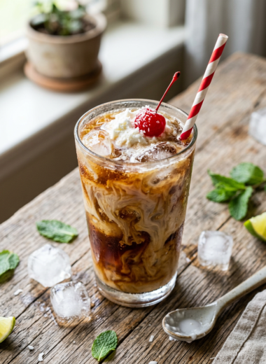 Creamy dirty soda recipe with marbled cream swirls in tall glass with whipped cream topping