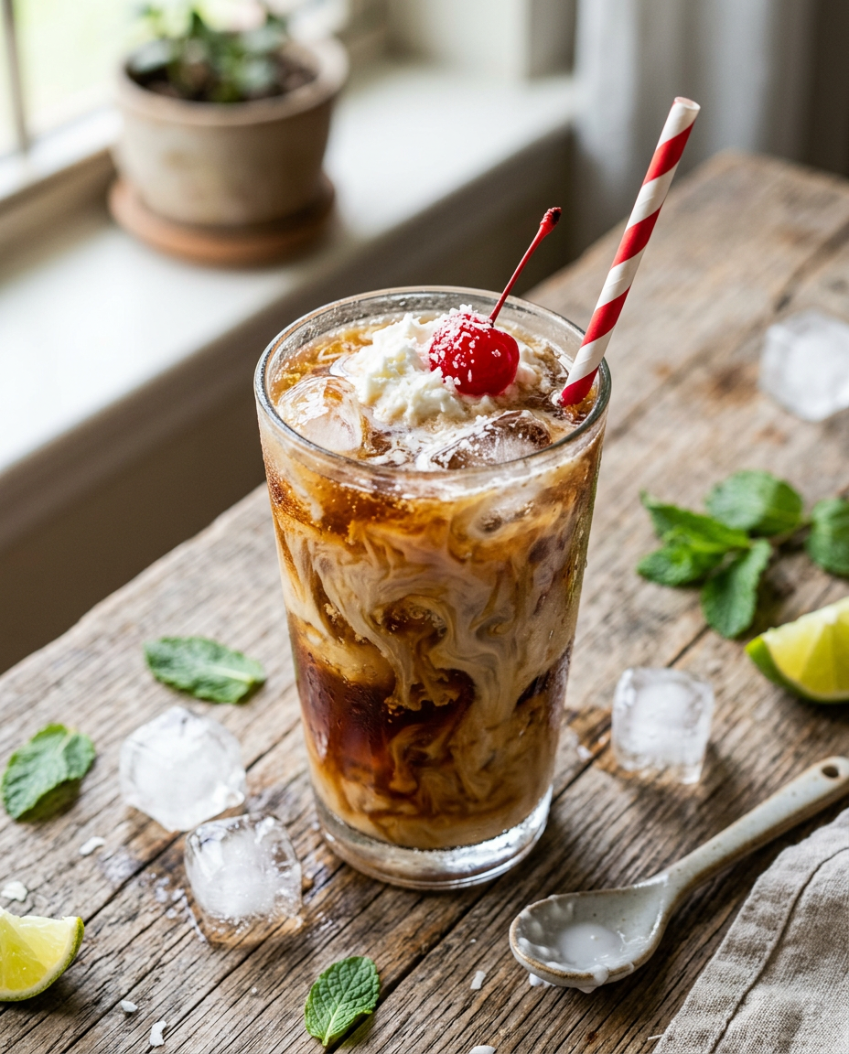 Creamy dirty soda recipe with marbled cream swirls in tall glass with whipped cream topping