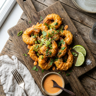 Crispy golden bang bang shrimp with creamy spicy sauce and green onion garnish on wooden board