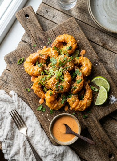 Crispy golden bang bang shrimp with creamy spicy sauce and green onion garnish on wooden board