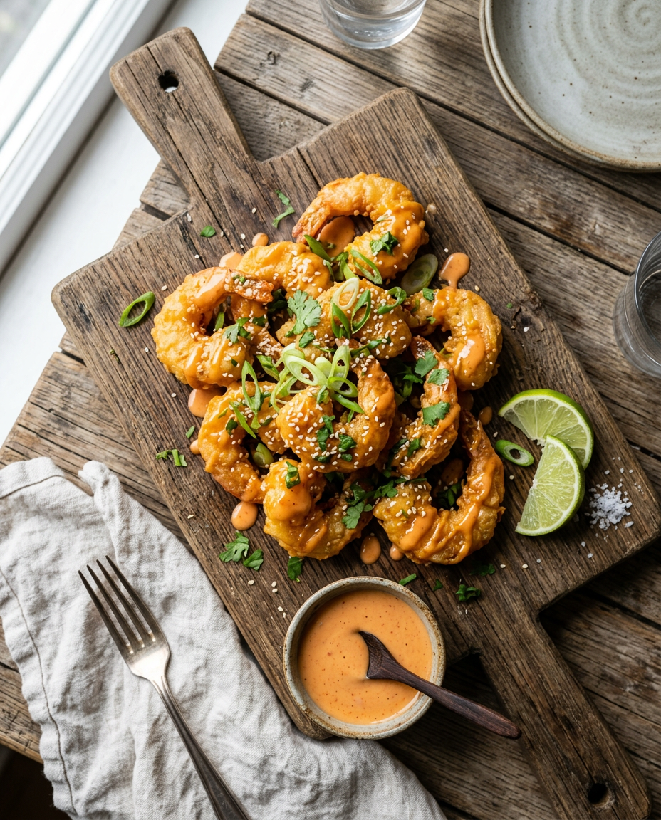 Crispy golden bang bang shrimp with creamy spicy sauce and green onion garnish on wooden board