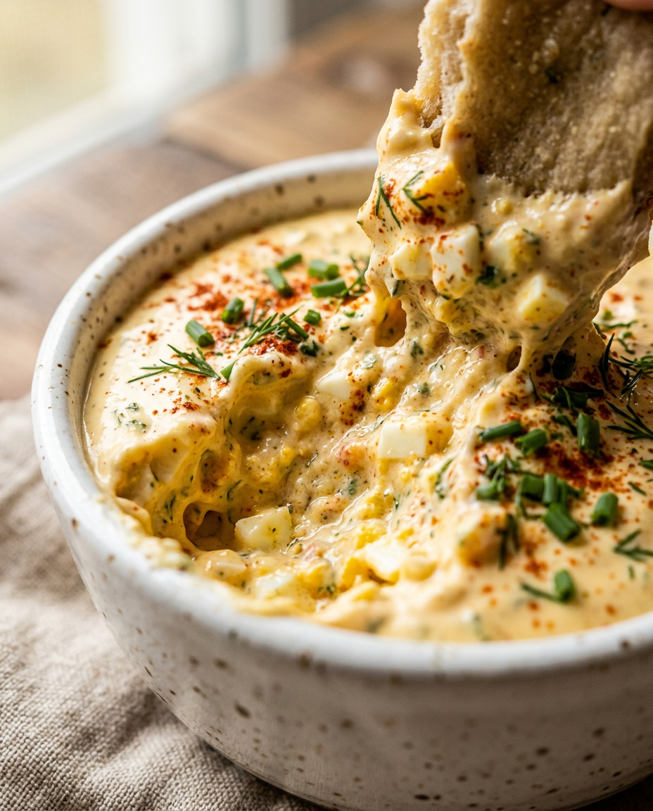 Close-up showing the texture and inside of Easy Deviled Egg Dip Recipe