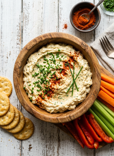 Creamy deviled egg dip in wooden bowl garnished with chives and paprika, surrounded by crackers
