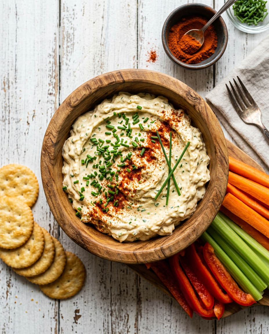 Creamy deviled egg dip in wooden bowl garnished with chives and paprika, surrounded by crackers